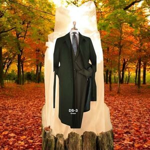 MEN'S BLACK DIAMOND 100% WOOL GABERDINE FULL LENGTH GREEN DUSTER COAT DS-3.